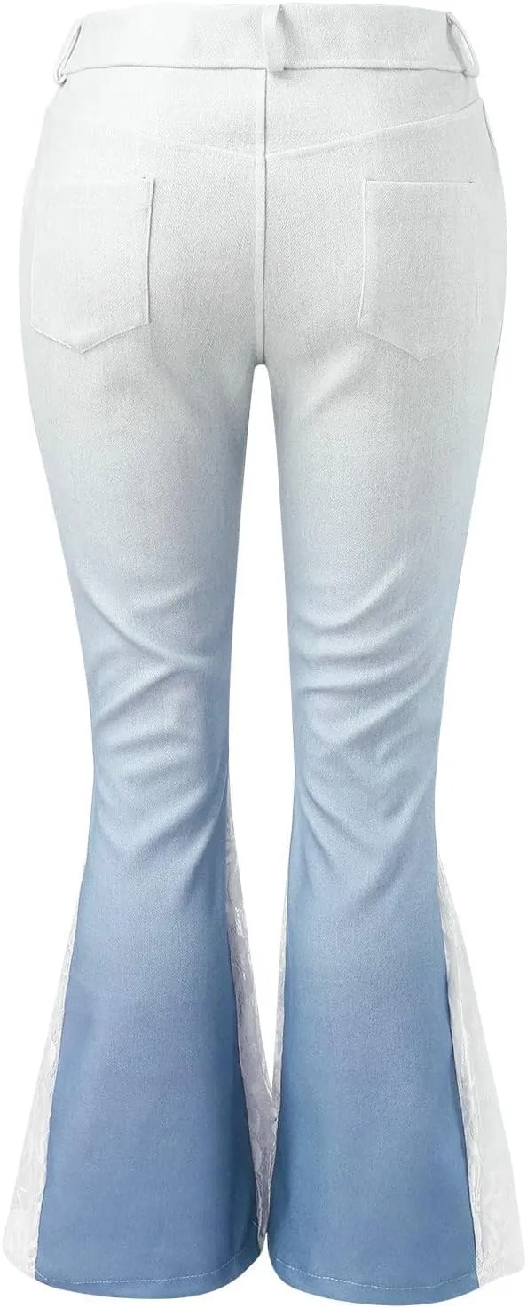 Women's Bell Bottom Faux Denim Pants Flare Tapered Lace Patchwork Gradient Jeans Casual High Waisted Palazzo Pants