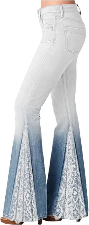 Women's Bell Bottom Faux Denim Pants Flare Tapered Lace Patchwork Gradient Jeans Casual High Waisted Palazzo Pants