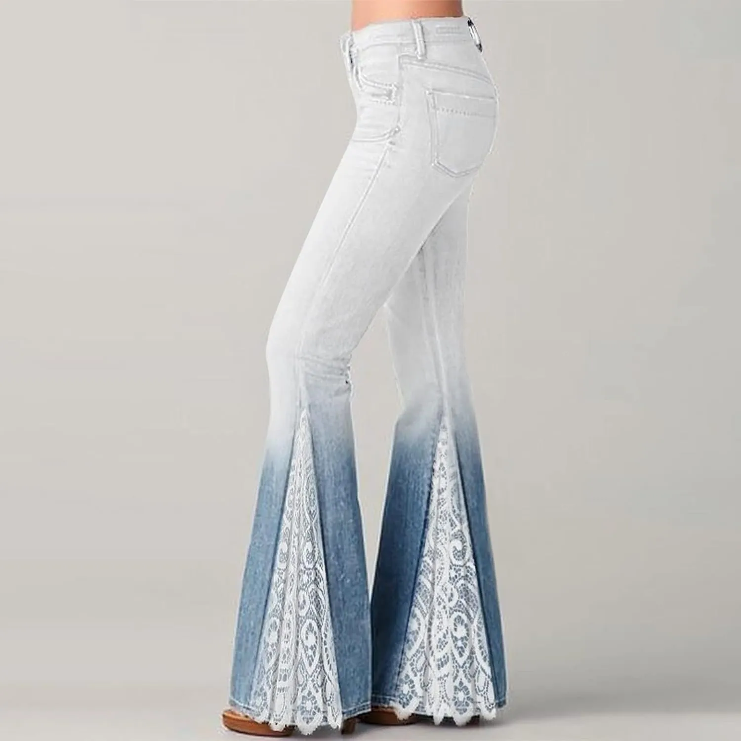 Women's Bell Bottom Faux Denim Pants Flare Tapered Lace Patchwork Gradient Jeans Casual High Waisted Palazzo Pants