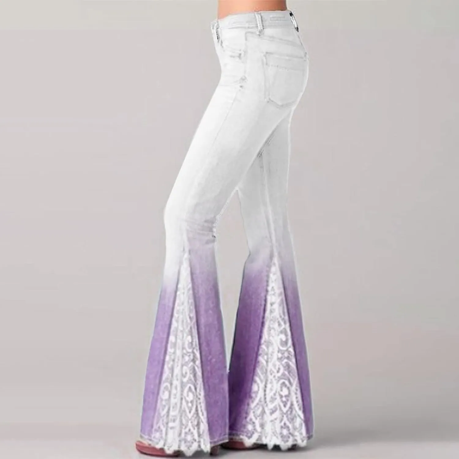 Women's Bell Bottom Faux Denim Pants Flare Tapered Lace Patchwork Gradient Jeans Casual High Waisted Palazzo Pants