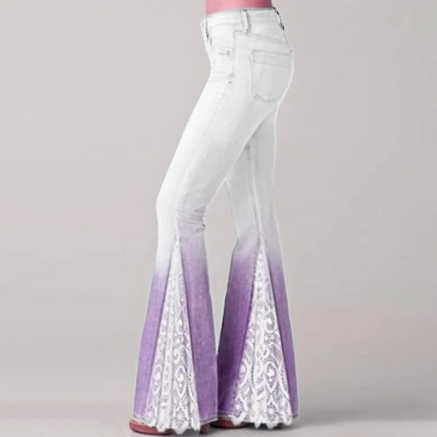 Women's Bell Bottom Faux Denim Pants Flare Tapered Lace Patchwork Gradient Jeans Casual High Waisted Palazzo Pants