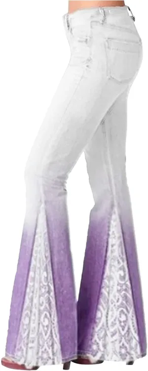 Women's Bell Bottom Faux Denim Pants Flare Tapered Lace Patchwork Gradient Jeans Casual High Waisted Palazzo Pants