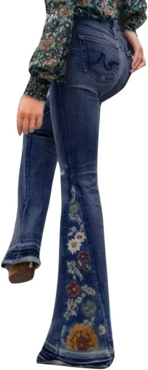 womens Bell Bottom High Waisted Stretch Flare Button Fly Wide Leg Embroidery Bootcut Y2K Denim Pant, 01-dark Blue, 3X-Large