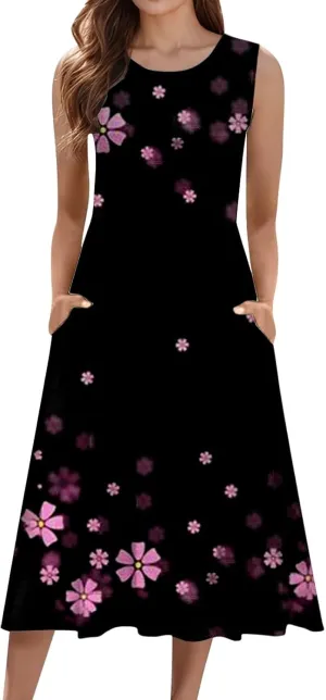 Womens Boho Dresses Women's Summer Tank Midi Dress with Pockets Sleeveless A Line Dress Casual Floral T Shirt