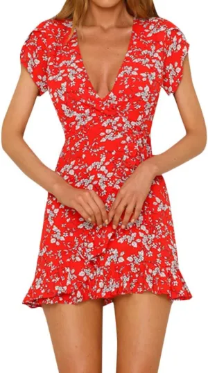 Women's Boho Floral Dress, Vintage Print Party Evening Beach Short Mini Sundress Ankle-Length