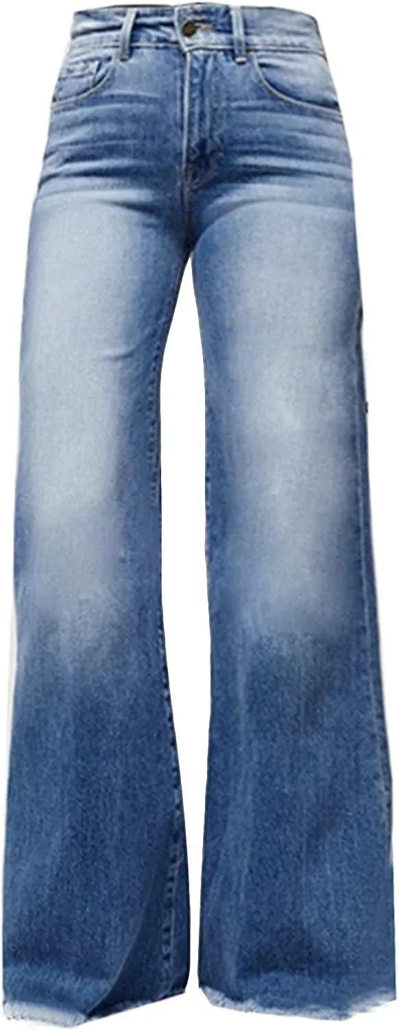 Women's Bootcut Denim Jeans High Rise Stretch Juniors Curve Jeggings Tummy Control Flare Jeans with Frayed Hems