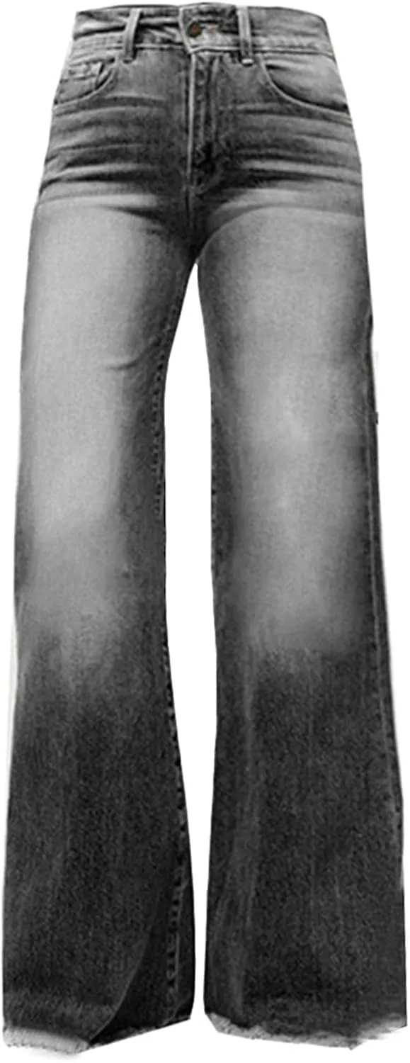 Women's Bootcut Denim Jeans High Rise Stretch Juniors Curve Jeggings Tummy Control Flare Jeans with Frayed Hems