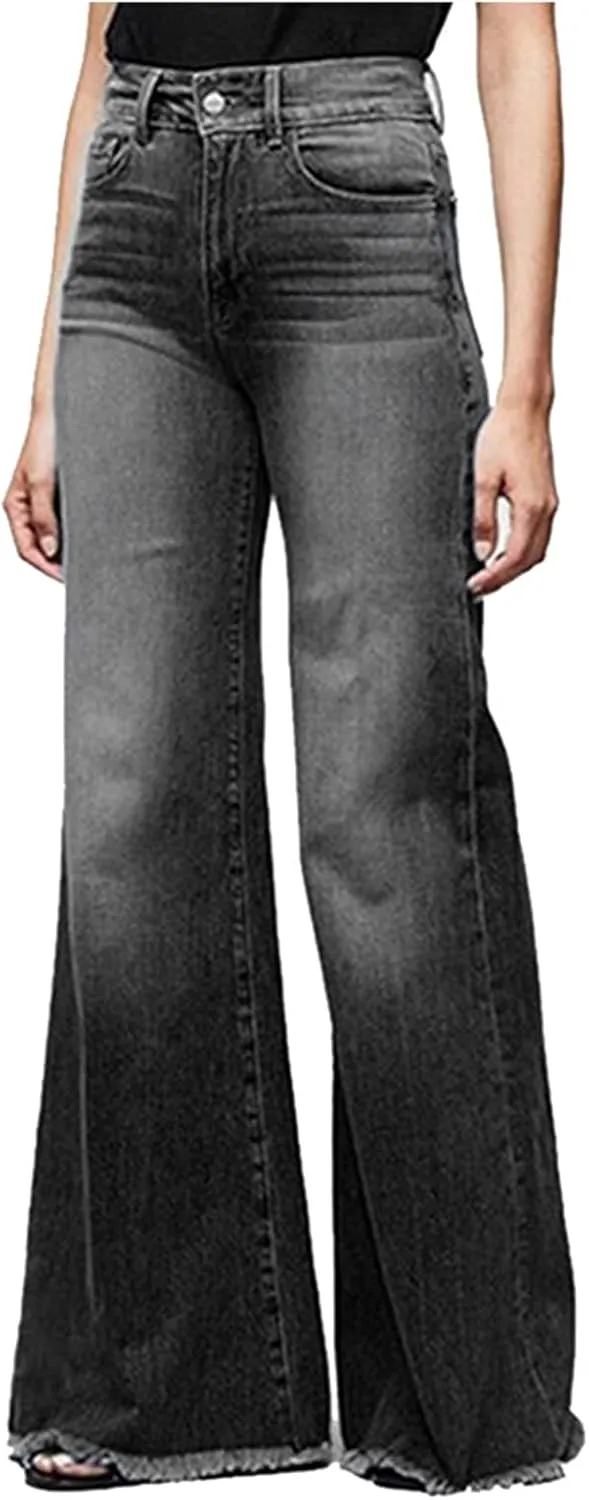 Women's Bootcut Denim Jeans High Rise Stretch Juniors Curve Jeggings Tummy Control Flare Jeans with Frayed Hems