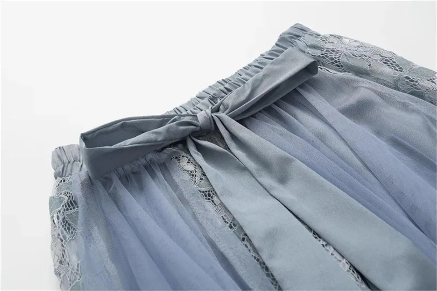 Women's Bow Tie Lace Mesh Midi Long Skirts Summer High Waist Pleated Skirt