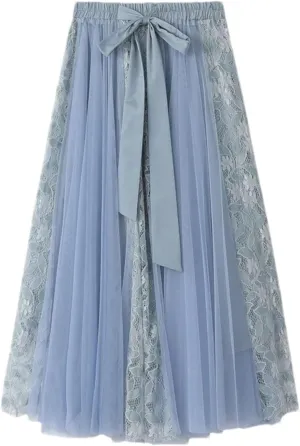 Women's Bow Tie Lace Mesh Midi Long Skirts Summer High Waist Pleated Skirt
