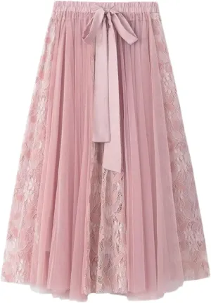Women's Bow Tie Lace Mesh Midi Long Skirts Summer High Waist Pleated Skirt