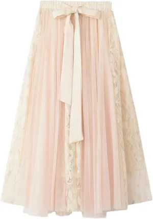 Women's Bow Tie Lace Mesh Midi Long Skirts Summer High Waist Pleated Skirt