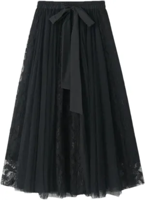 Women's Bow Tie Lace Mesh Midi Long Skirts Summer High Waist Pleated Skirt