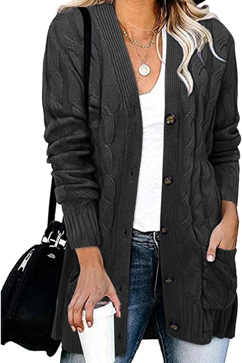 Womens Button Down Cable Knit Cardigan Sweater Trendy Oversize Baggy Medium Length Outerwear Open Front Casual Jacket