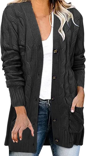 Womens Button Down Cable Knit Cardigan Sweater Trendy Oversize Baggy Medium Length Outerwear Open Front Casual Jacket
