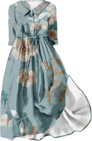 Womens Button Down Dress Floral Boho Short Sleeve Dresses Fashion Korean Style Plus Size Midi Dress