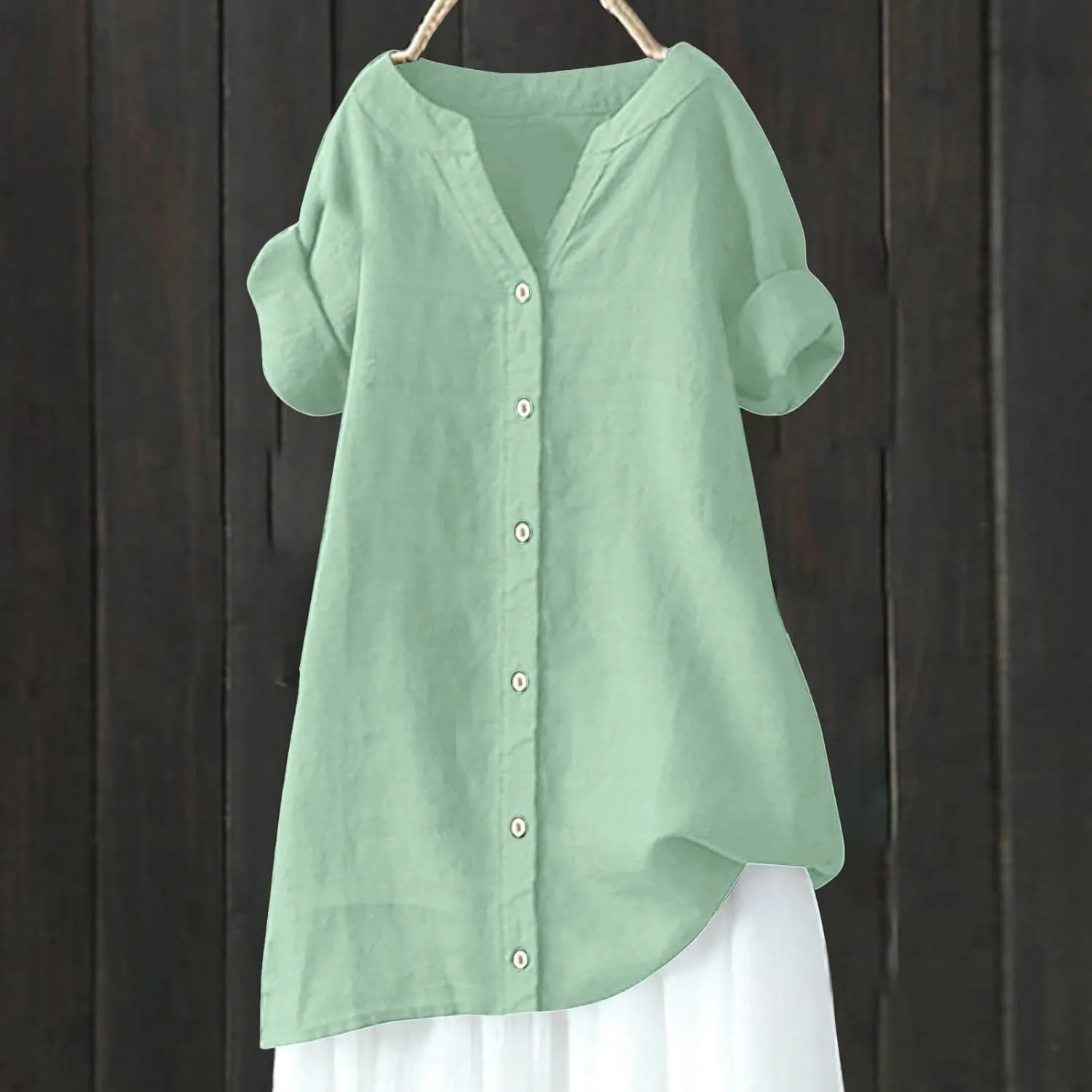 Womens Button Up Shirt Solid Short Sleeve Linen Summer Casual Basic Blouse Tops Loose Tee Shirt