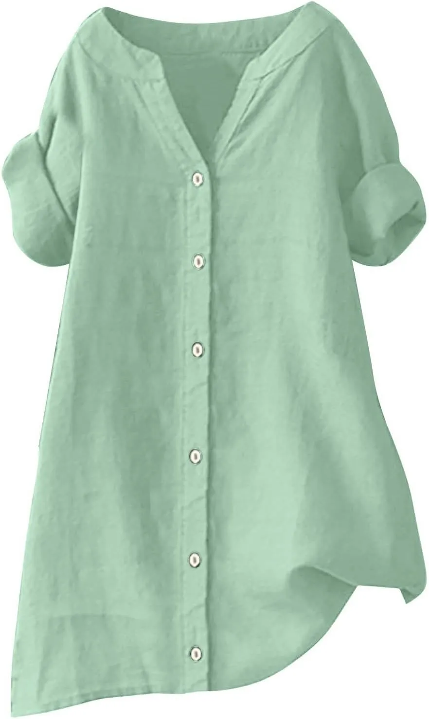 Womens Button Up Shirt Solid Short Sleeve Linen Summer Casual Basic Blouse Tops Loose Tee Shirt