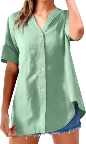 Womens Button Up Shirt Solid Short Sleeve Linen Summer Casual Basic Blouse Tops Loose Tee Shirt