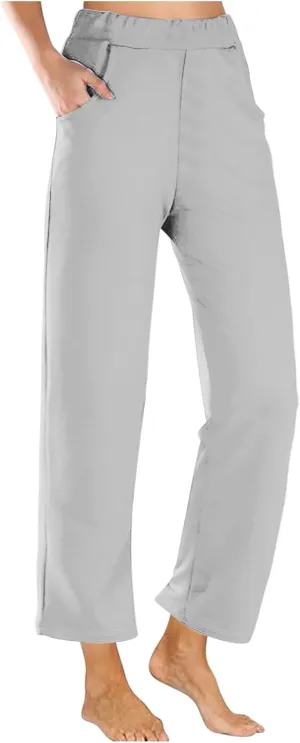 Womens Casual Cropped Pants 2024 Fashion Elastic Waist Wide Leg Crop Pants Summer Loose Beach Yoga Pants with Pockets