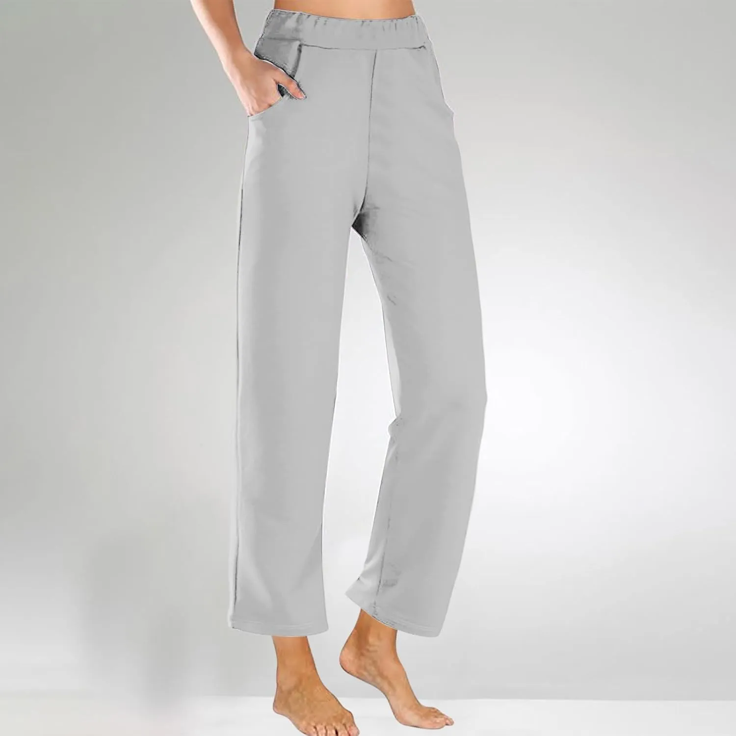 Womens Casual Cropped Pants 2024 Fashion Elastic Waist Wide Leg Crop Pants Summer Loose Beach Yoga Pants with Pockets