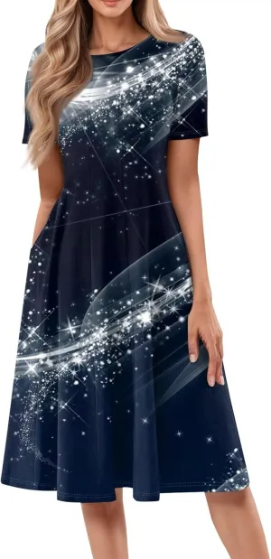 Women's Casual Dresses 2025 Summer Loose Trendy Short Sleeve Crew Neck Sequin Stripe Floral Print Dress Plus Size, S-3XL