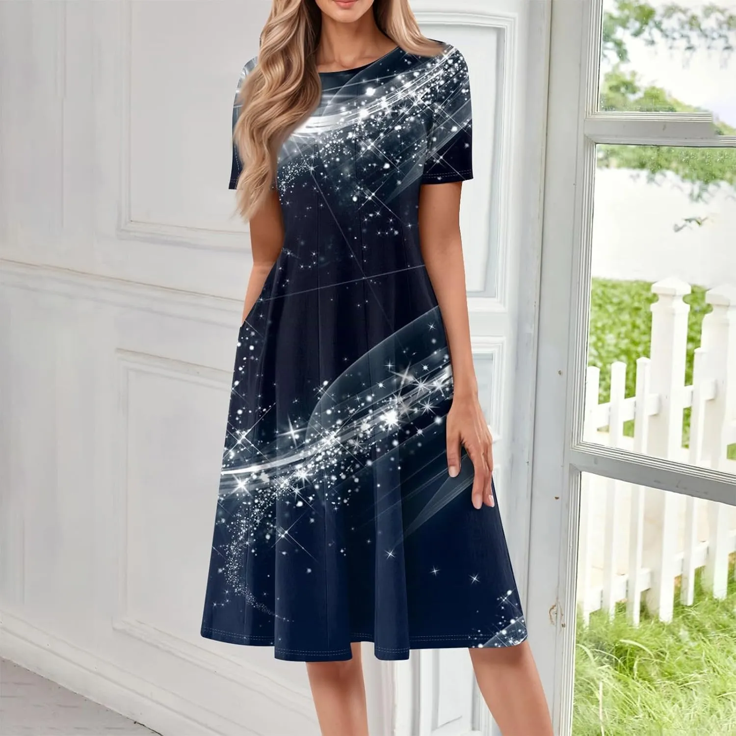 Women's Casual Dresses 2025 Summer Loose Trendy Short Sleeve Crew Neck Sequin Stripe Floral Print Dress Plus Size, S-3XL