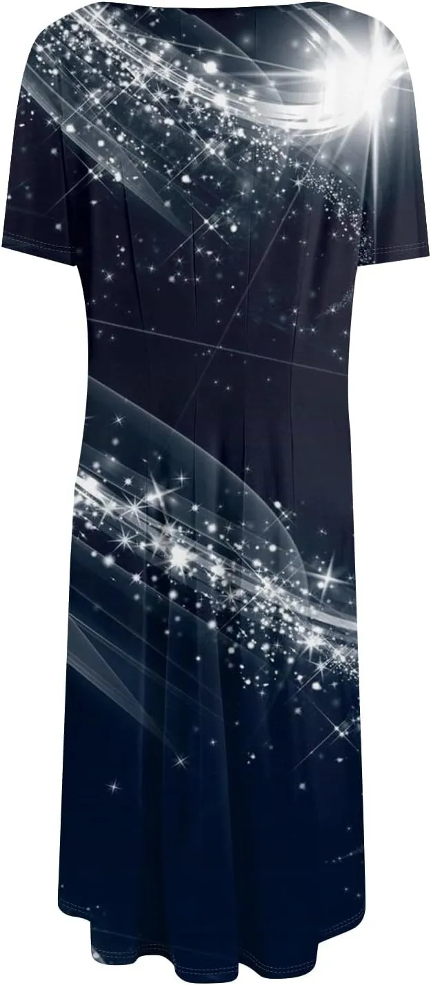 Women's Casual Dresses 2025 Summer Loose Trendy Short Sleeve Crew Neck Sequin Stripe Floral Print Dress Plus Size, S-3XL