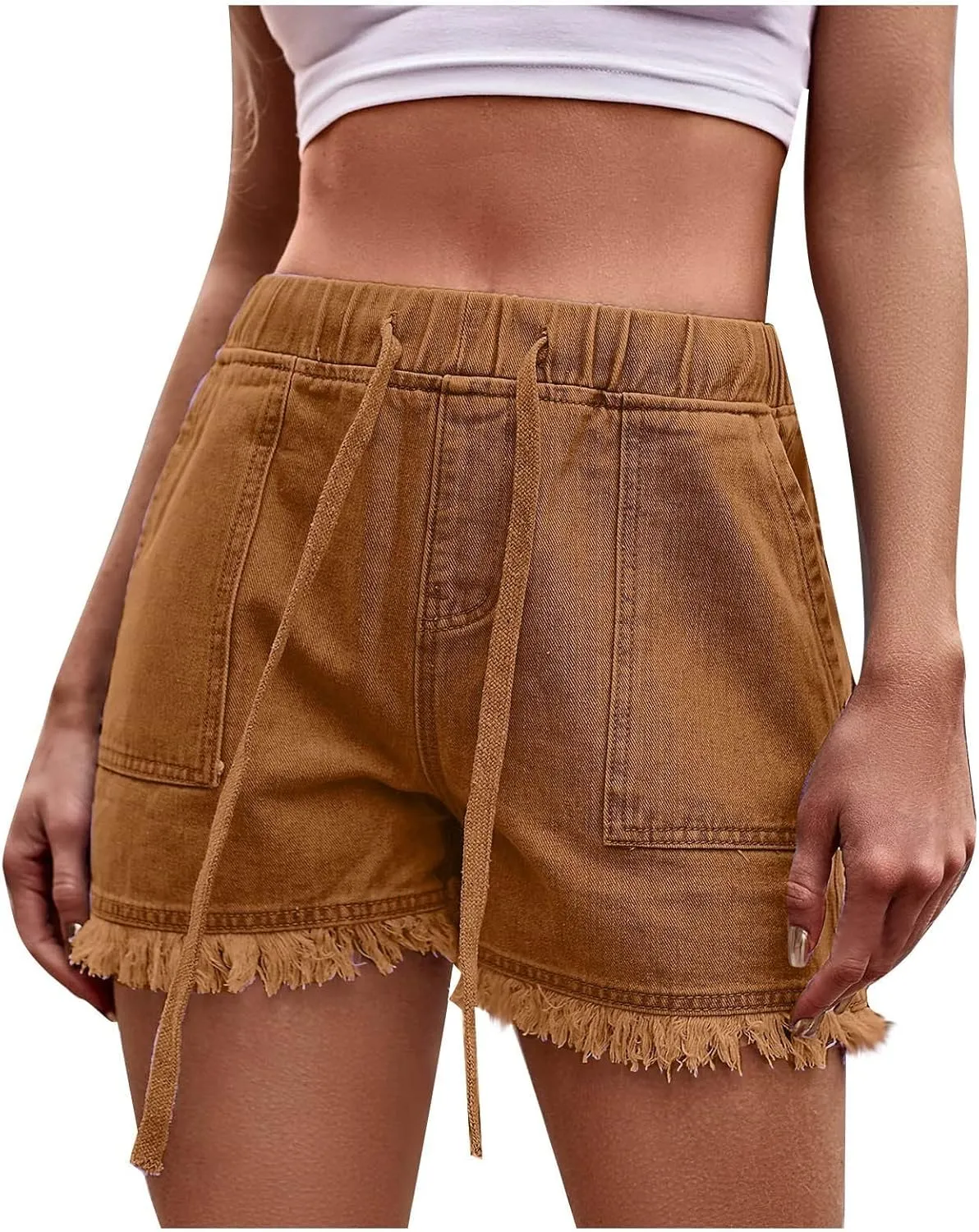 Womens Casual Jean Shorts Dressy Elastic Drawstring High Waisted Jean Shorts Ladies Cute Tassel Outside Wear Shorts