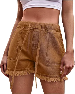 Womens Casual Jean Shorts Dressy Elastic Drawstring High Waisted Jean Shorts Ladies Cute Tassel Outside Wear Shorts