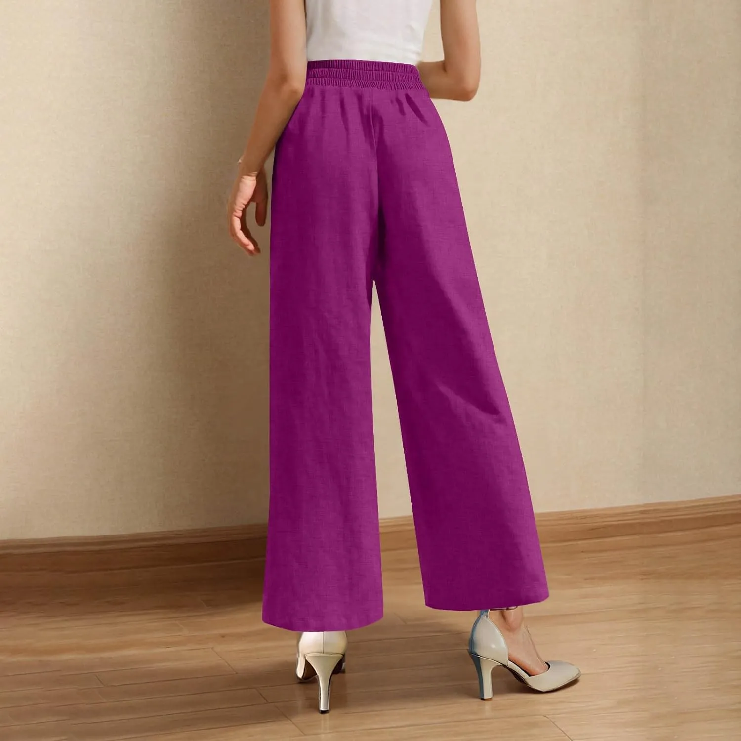 Womens Casual Linen High Waist Wide Leg Pants Summer Palazzo Flowy Boho Beach Vacation Lounge Trousers with Pockets