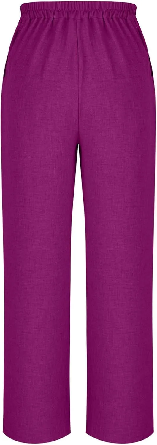 Womens Casual Linen High Waist Wide Leg Pants Summer Palazzo Flowy Boho Beach Vacation Lounge Trousers with Pockets