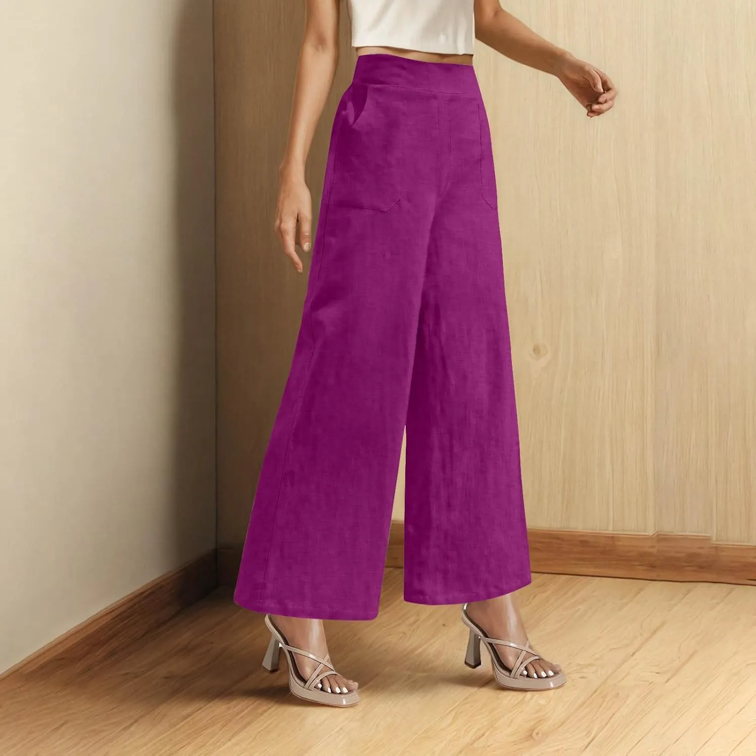 Womens Casual Linen High Waist Wide Leg Pants Summer Palazzo Flowy Boho Beach Vacation Lounge Trousers with Pockets
