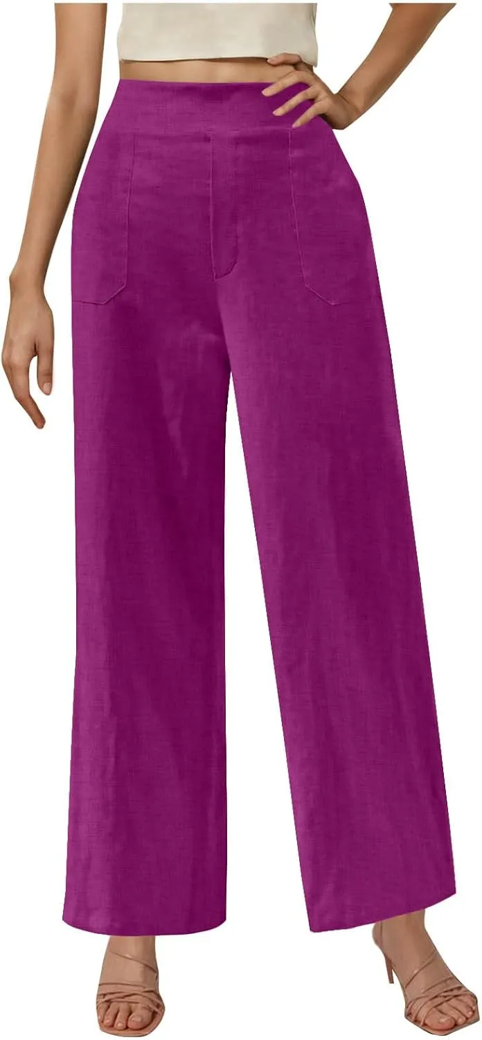Womens Casual Linen High Waist Wide Leg Pants Summer Palazzo Flowy Boho Beach Vacation Lounge Trousers with Pockets