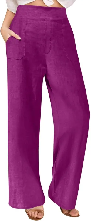 Womens Casual Linen High Waist Wide Leg Pants Summer Palazzo Flowy Boho Beach Vacation Lounge Trousers with Pockets