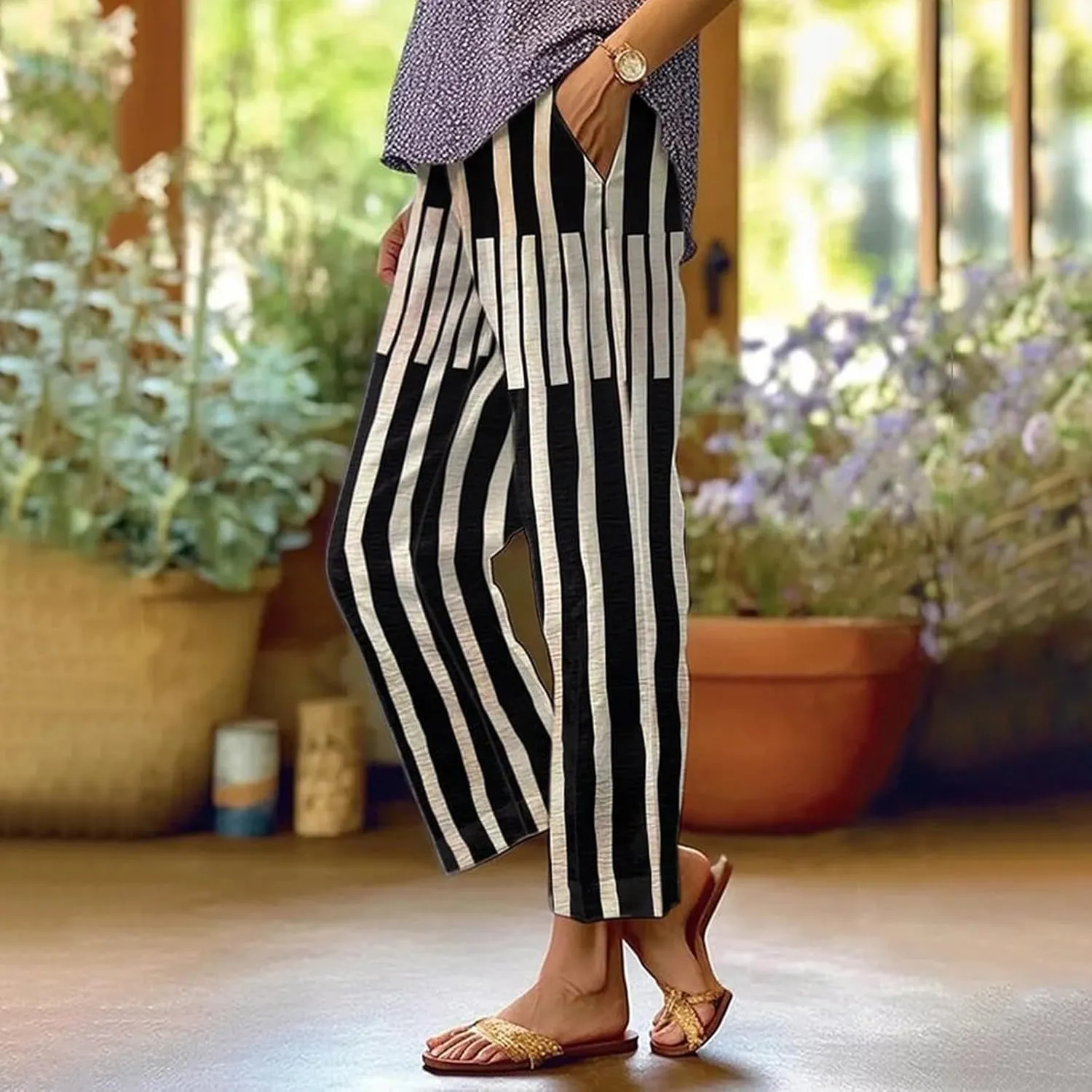 Women's Casual Stripe Cotton Linen Pants Elastic High Waist Straight Leg Pant Summer Boho Capris Beach Trousers with Pockets