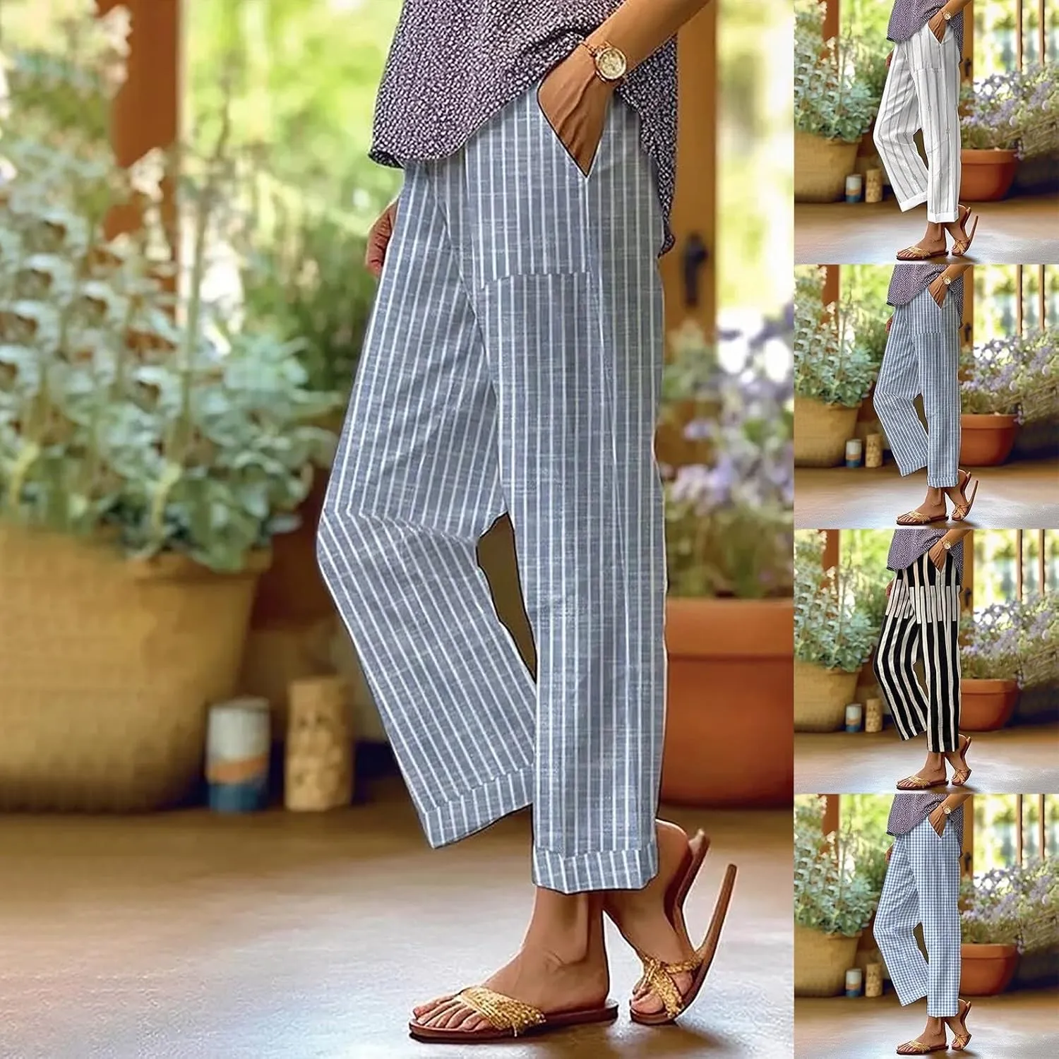 Women's Casual Stripe Cotton Linen Pants Elastic High Waist Straight Leg Pant Summer Boho Capris Beach Trousers with Pockets