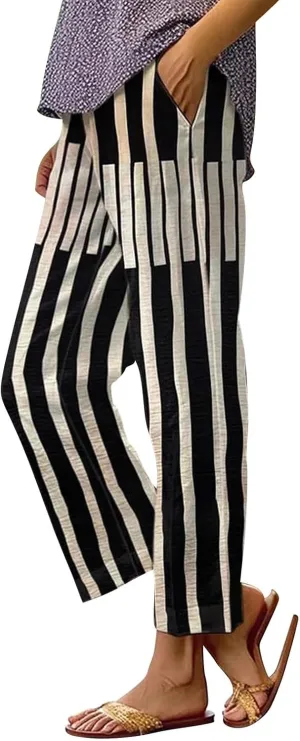 Women's Casual Stripe Cotton Linen Pants Elastic High Waist Straight Leg Pant Summer Boho Capris Beach Trousers with Pockets