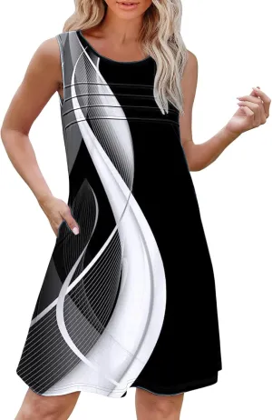 Womens Casual Summer Dresses Womens with Pockets Summer Casual Tank Dress Sleeveless Midi Beach Dress Cotton Dress