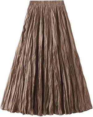 Women's Casual Trendy Classic Midi Wrinkled Skirt A-Line Elastic Waist Swing Pleated Fall Winter Solid Color Skirts