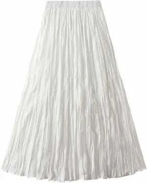 Women's Casual Trendy Classic Midi Wrinkled Skirt A-Line Elastic Waist Swing Pleated Fall Winter Solid Color Skirts