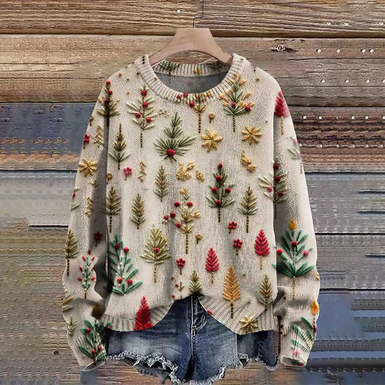 Womens Christmas Fuzzy Pullover Winter Trendy Cute Sman Print Sweatshirt Oversized Crewneck Long Sleeve Casual Top