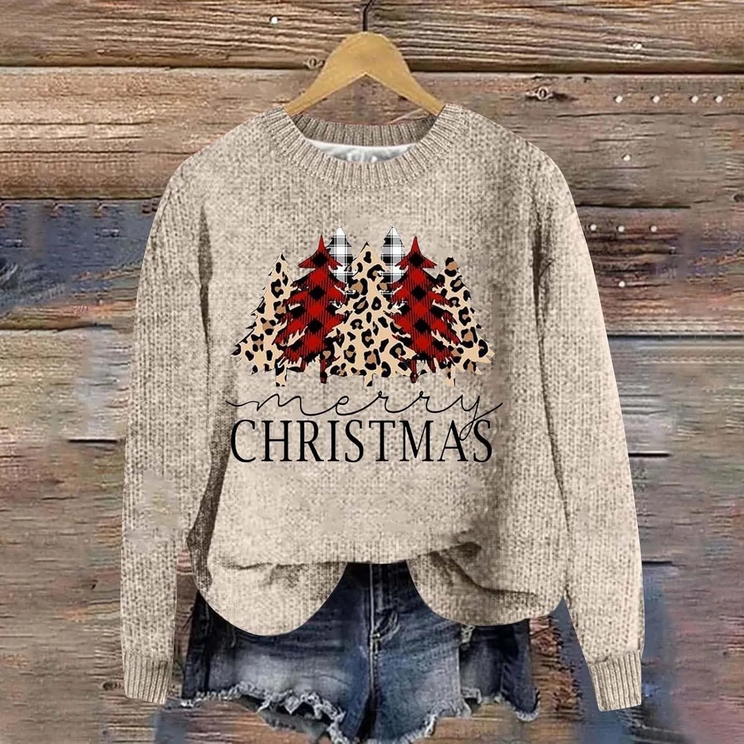 Womens Christmas Fuzzy Pullover Winter Trendy Cute Sman Print Sweatshirt Oversized Crewneck Long Sleeve Casual Top
