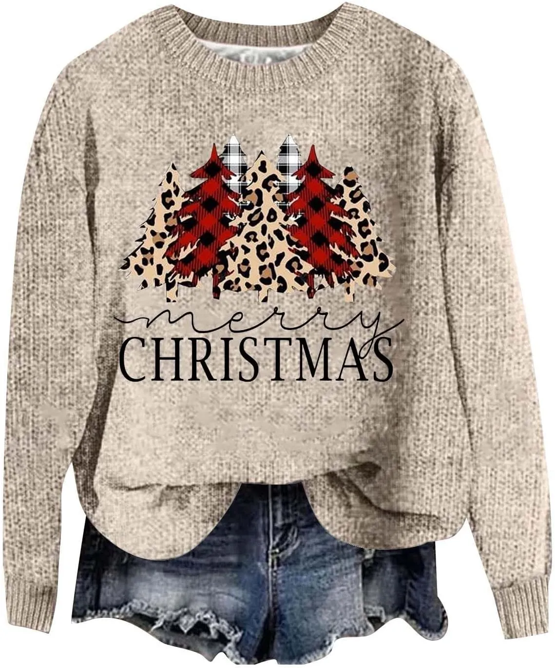 Womens Christmas Fuzzy Pullover Winter Trendy Cute Sman Print Sweatshirt Oversized Crewneck Long Sleeve Casual Top