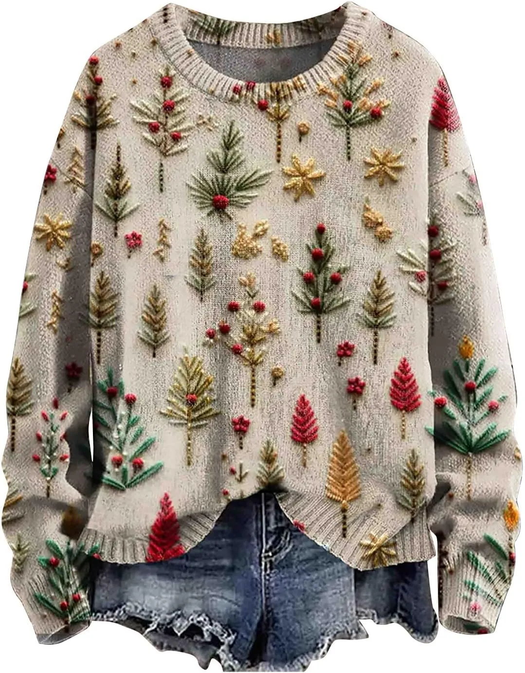 Womens Christmas Fuzzy Pullover Winter Trendy Cute Sman Print Sweatshirt Oversized Crewneck Long Sleeve Casual Top