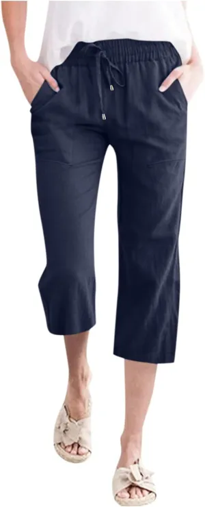 Women's Cotton Linen Capri Pant Loose Elastic Straight Leg 2025 Summer Lounge Palazzo Pant with Pockets