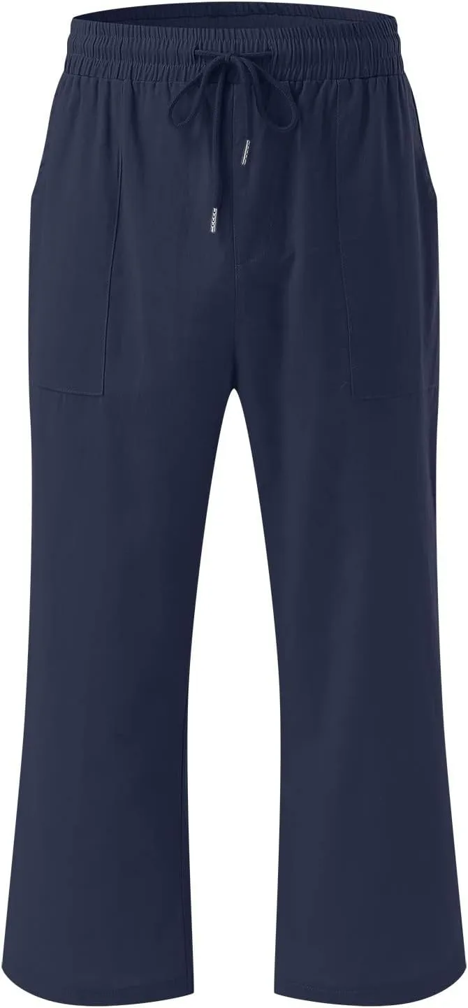 Women's Cotton Linen Capri Pant Loose Elastic Straight Leg 2025 Summer Lounge Palazzo Pant with Pockets