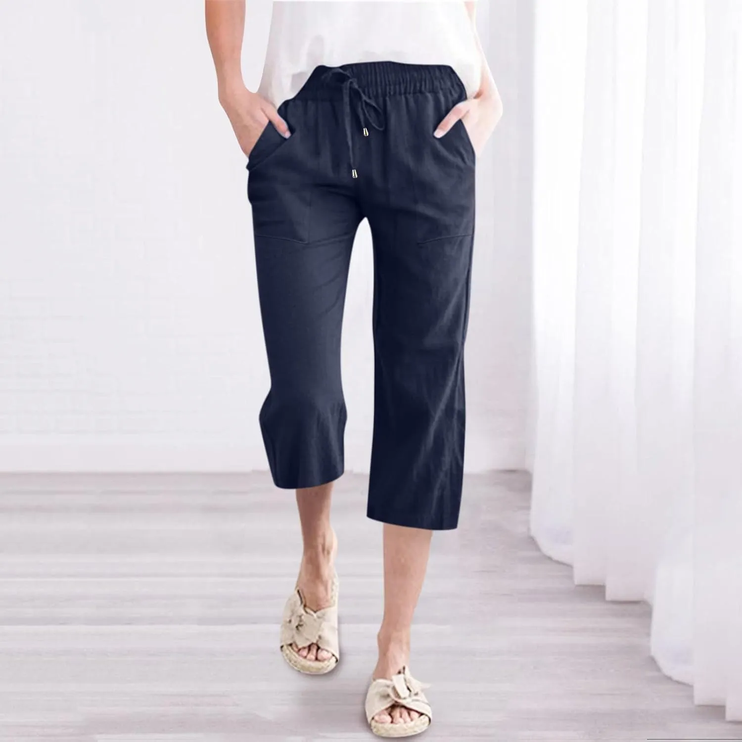 Women's Cotton Linen Capri Pant Loose Elastic Straight Leg 2025 Summer Lounge Palazzo Pant with Pockets