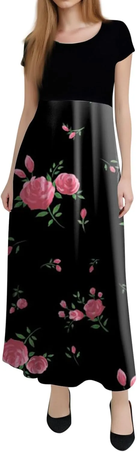 Women's Crew Neck Boho Maxi Dress Casual Elegant Short Sleeve Dress Floral Printed 2025 Spring Summer Dresses