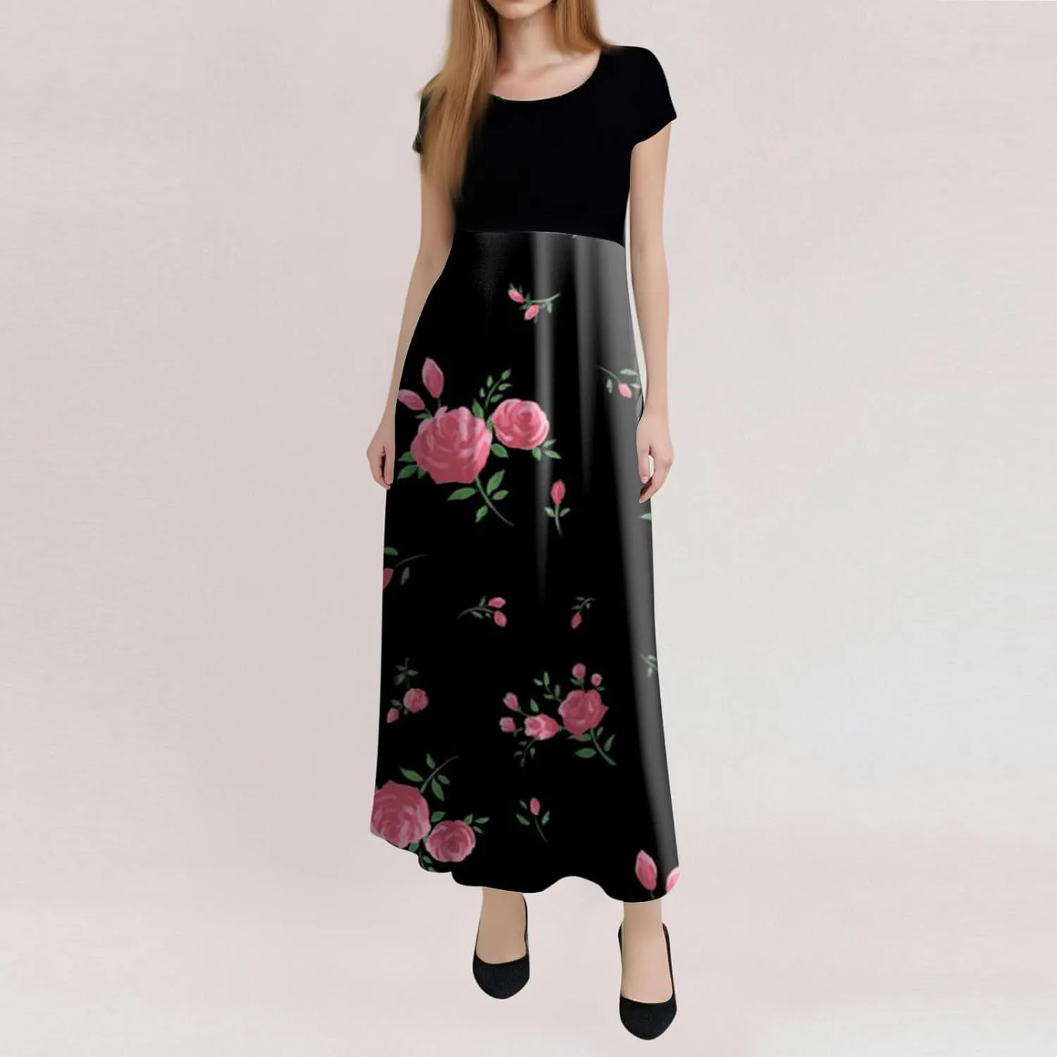 Women's Crew Neck Boho Maxi Dress Casual Elegant Short Sleeve Dress Floral Printed 2025 Spring Summer Dresses